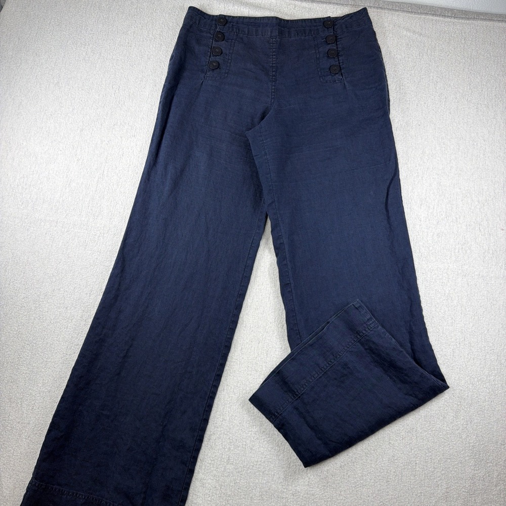 Max Studio Wide Leg Linen Sailor Pants Women Sz 8 Navy Coastal Button Front